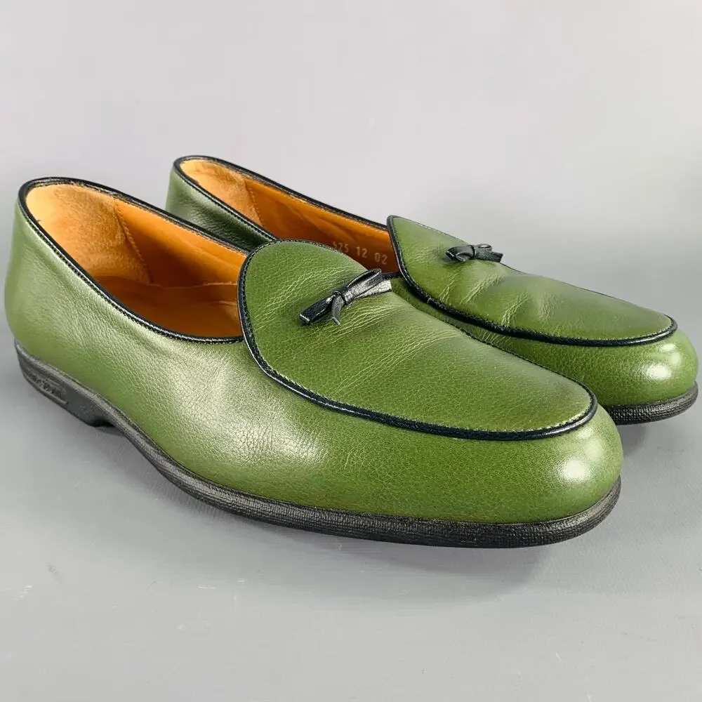 A.TESTONI Size 8 Green Black Contrast Stitch Leather Slip On Loafers